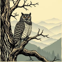 A wise owl perched on a gnarled tree branch overlooking a mist-covered valley. The owl's feathers should have detailed patterns, with the background filled with fog and distant mountains. Color palette: grays, light blues, and dark greens.