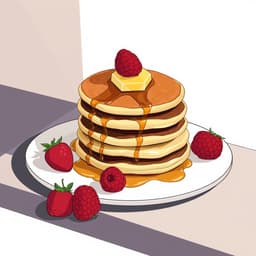 a stack of pancakes with syrup, butter, and fresh berries