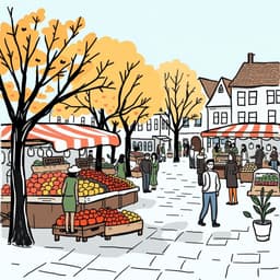 a bustling farmer’s market in a small town square, with colorful fruit stalls and people chatting under autumn trees