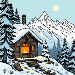 a cozy mountain cabin surrounded by snow-covered peaks and evergreen trees, with a warm fireplace glowing through the window