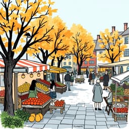 a bustling farmer’s market in a small town square, with colorful fruit stalls and people chatting under autumn trees