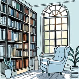 a quiet library reading nook with tall bookshelves, a comfy armchair, and sunlight streaming through a large window