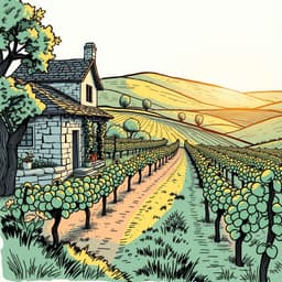 a rustic vineyard in the countryside, with rows of grapevines, a stone cottage, and golden sunlight filtering through the hills