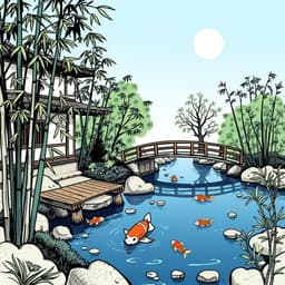 a peaceful Japanese garden with a koi pond, bamboo plants, and a wooden bridge under a clear blue sk