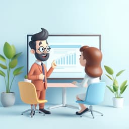 Two characters discussing a business presentation on a screen with a light blue background and office plants