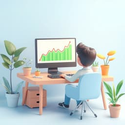 A person sitting at a desk, with a computer screen showing rising graphs, surrounded by plants and clean design