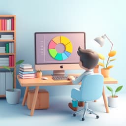 A character sitting at a desk with a large, colorful pie chart on a computer screen, surrounded by books and a cozy plant.