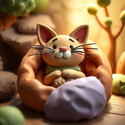 A friendly clay cat with exaggerated whiskers and soft, round features, curled up in a cozy clay-made bed, surrounded by a soft light that casts gentle shadows.