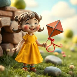 A whimsical scene of a girl in a yellow dress made from clay, smiling as she plays with a colorful kite, set against a hand-crafted meadow and sky.