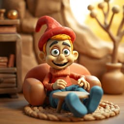 A quirky character with a bright red hat made of molded clay, sitting in a clay living room with a small table and a soft, textured rug underneath.