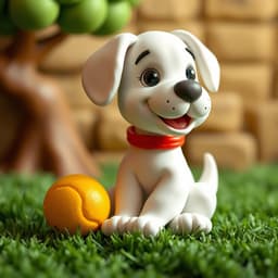 A playful puppy made of soft white clay with a red collar, sitting on a grassy field, with the yellow ball beside it, all crafted from textured playdough.