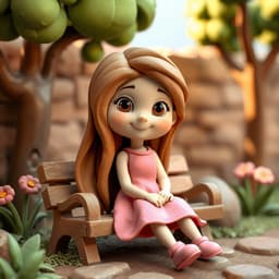 A girl with long hair sculpted from light brown clay, wearing a pink dress, sitting on a clay bench in a park with trees and flowers made from molded materials.