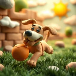 A clay dog running through a grassy landscape with a ball in its mouth, surrounded by visible clay clouds and a sun with a soft glow.