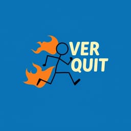 stickman running with flames behind them, displaying 'NEVER QUIT', set against a bold blue background