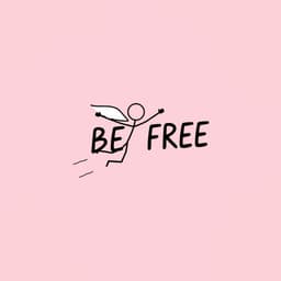 stickman flying through the air with wings, showing 'BE FREE', set against a soft pastel pink background