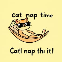 Illustrate a chill cat in sunglasses, lounging on a hammock, with the phrase 'Cat nap time!' in big, playful text on a light yellow background.