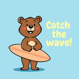 Draw a bear standing with a surfboard, smiling, with the text 'Catch the wave!' in large, bold letters on a blue background