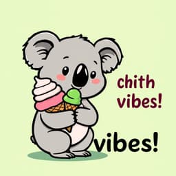 Create a cute koala holding an ice cream cone, with the text 'Chill vibes!' in a large, bold font on a soft green background.