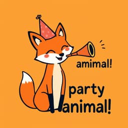 a joyful fox with a party hat, blowing a horn, with the text 'Party animal!' in bold letters on a bright orange background.