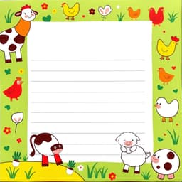 a cheerful notebook page featuring farm animals like cows, chickens, and sheep.