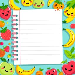 a lively notebook page surrounded by cute, smiling fruits like strawberries, oranges, bananas, and apples.