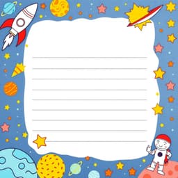 a notebook page with a space exploration theme, including rockets, planets, stars, and astronauts.