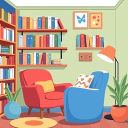 a cozy reading corner with a colorful armchair, soft cushions, and a shelf full of books