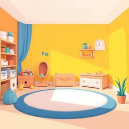 a playful playroom with a soft rug, a toy chest, and a bright, colorful wall