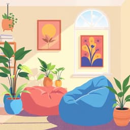 a sunny living room with a comfortable beanbag chair, plants, and vibrant artwork on the wall