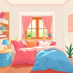 a cheerful bedroom with colorful pillows, a soft duvet, and a cozy window nook