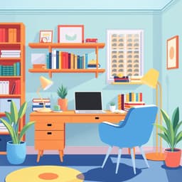 a stylish home office with a bright desk, colorful books, and a comfy chair