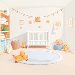 a playful nursery with a soft mat, a crib, and stuffed animals scattered around