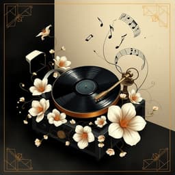 A vintage record player surrounded by swirling musical notes and delicate, soft flowers.