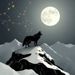 A lone wolf standing on a snowy mountain peak under a full moon, with constellations weaving through the sky