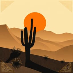 A surreal desert scene with a cactus casting long shadows under a burning orange sun, intertwined with tribal patterns.