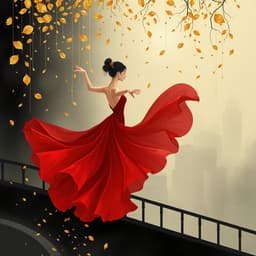 A dancer in a flowing red dress performing under a rain of golden leaves, set against a foggy city backdrop.