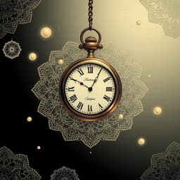 An antique pocket watch suspended in mid-air, surrounded by delicate lacework and softly glowing orbs.