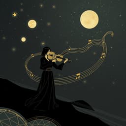 A lone violinist playing under a starry night sky, with celestial bodies gently merging into flowing musical notes.