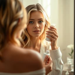 A woman doing her morning skincare routine at the bathroom mirror, applying a hydrating lotion and surrounded by soft, warm lighting.