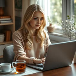 A woman working from home at a cozy desk, typing on her laptop with a cup of tea by her side and a peaceful ambiance.