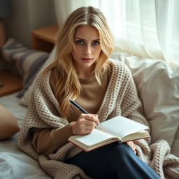 A woman sitting on her bed with a notebook and pen, writing down her thoughts while wrapped in a soft, knitted blanket.