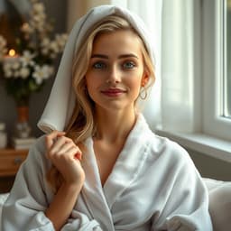 A woman enjoying a spa day at home, relaxing in a robe with a warm towel on her face and soft music playing in the background.