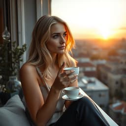 A woman taking a quiet moment for self-reflection on a balcony, sipping tea and enjoying the city view during sunset.