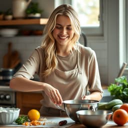 A woman baking in the kitchen, mixing ingredients with a cheerful smile, with fresh ingredients spread across the counter.