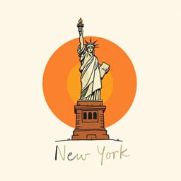 A hand-drawn representation of the Statue of Liberty in New York, featuring minimalistic shapes and a retro color scheme with contrasting tones.