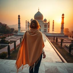 a traveler in a light shawl standing on the marble platform of the Taj Mahal at sunset, mesmerized by the golden hues reflecting off its intricate white facade.