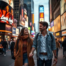 a young couple walking hand in hand through Times Square at night, illuminated by the dazzling neon lights and vibrant energy of the city.