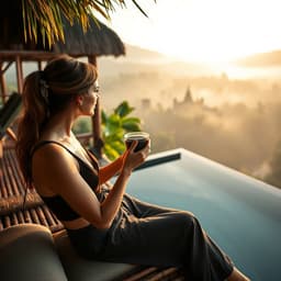  a woman relaxing on a bamboo terrace in Bali, sipping coffee while gazing at the misty jungle stretching beyond her infinity pool