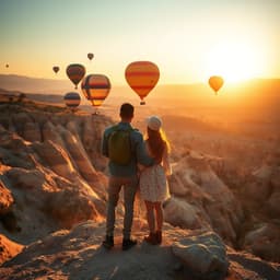 a couple standing on a rocky plateau in Cappadocia, watching colorful hot air balloons rise into the golden sunrise sky.