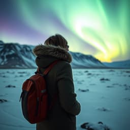 a traveler wrapped in a warm coat, standing on a snowy Icelandic plain, gazing in awe at the vibrant Northern Lights dancing across the night sky.